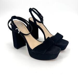 Vince Camuto Black Suede Chastin Platform Chunky Heels Ankle Strap Sandals US 7